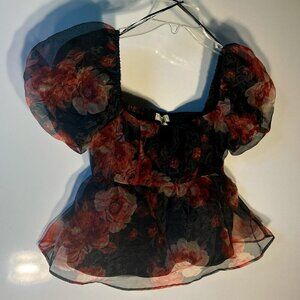 Thirty Thirty LA SZ S Black Vintage Rose Print Top Milkmaid Whimsigoth Romantic